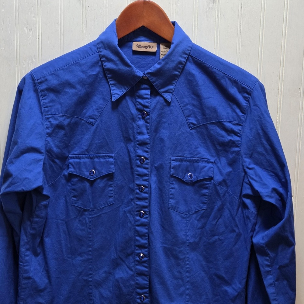Wrangler Shirt Mens Medium Blue Solid Long Sleeve Western Snap Pockets Casual